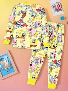 SpongeBob SquarePants | SHEIN 2pcs/Set Young Boy Cartoon Pattern Crew Neck Long Sleeve Top And Pants Knit Casual Stretchy Pajama Set - Yellow - View 2
