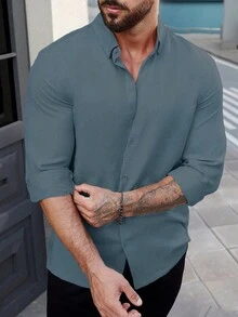 Manfinity CasualCool 男士休闲商务纯色单排扣长袖衬衫 男士休闲长袖衬衫 男士灰蓝色衬衫 男士纹理衬衫 男士亚麻衬衫 - 灰色 - 查看 4