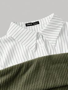 SHEIN MOD 军绿色针织拼接条纹衬衫，二合一上衣，返校季 - 軍綠色 - 查看 3
