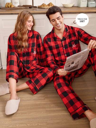 CoupledUp Men's Retro Casual Contrast Plaid & "His" Letter Print Lapel Long Sleeve Loose Pajama Set Matching Couple Pajama Set