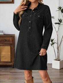 EMERY ROSE Women's Casual Washed Denim Long Sleeve Dress Black Denim Dress Button Up Shirt Dress Women Shirt Dress Black Western Dress Long Sleeve Denim Dress,Fall,Fall Clothes For Women,Women's Winter Clothes - Black - View 3