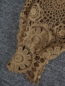 Franclia Women's Autumn Floral Lace Hollow Zipper Front Long Sleeve Blouse Women Shirt - Khaki - View 5