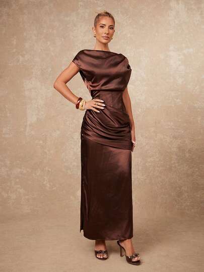 Lumalex VITNOS Elegante High End New Deep Rust Bruin Satijnen Pleated Dress, Chocolate 's Eve Outfit Women, mal Dresses Verleidelijke Vacation Holiday Semi Fall Luxe Dress able This Outfit, Gala Night, Chic Looks Of Weekend Glamour Work Delicate Romance, Enchanted Romance Gown, Draped Business Prom Graduation Dates, Going Out, Night Weddings, Holiday, Vacation, Birthday, Commute view 5