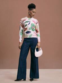 Shutterstock Glamance Maglione a maniche lunghe con grafica floreale in maglia, colore tinta unita casual, adatto per esterno, ufficio, business, pendolarismo, viaggio, aeroporto, strada, lavoro, maglione autunno/inverno da donna, maglione da donna con stampa floreale, maglione primaverile a maniche lunghe da donna, maglione con stampa floreale, outfit floreali da donna, outfit da resort per donna - Albicocca - Visualizzare 1