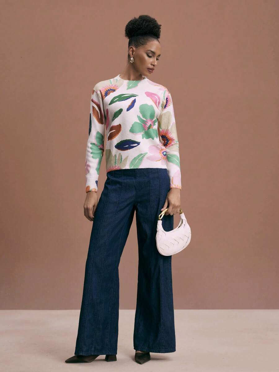 Shutterstock Glamance Maglione a maniche lunghe con grafica floreale in maglia, colore tinta unita casual, adatto per esterno, ufficio, business, pendolarismo, viaggio, aeroporto, strada, lavoro, maglione autunno/inverno da donna, maglione da donna con stampa floreale, maglione primaverile a maniche lunghe da donna, maglione con stampa floreale, outfit floreali da donna, outfit da resort per donna - Albicocca - Visualizzare 1