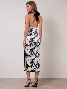 COSMINA Women's Elegant Sexy Floral Print Backless Halter Dress,Velvet Halter Neck Dress Floral Print Midi Dress, Hollow Out Dress, New Year Dress,Dinner Party, Formal Occasion - Black and White - View 2