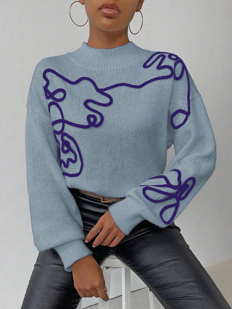 EMERY ROSE Women's Contrast Color Applique Stand Collar Casual Pullover Sweater - Blue - View 1
