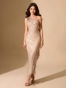 少女时尚优雅派对亮片单肩流苏连衣裙 - 淺粉色 - 查看 4