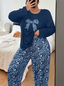 SHEIN Fashionable Leopard Print Bowknot Long Sleeve Thin Pajama Set, Plus Size For Home Wear, Autumn/Winter - Blue - View 4
