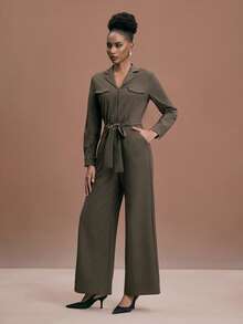 JIAN LASALA Zipper-Up Collared Long Sleeve Wide-Leg Woven Jumpsuit With Waist Tie Women Casual Wear Pantsuit For Women Elegant Jumpsuit Women Jumpsuit Women Jumpsuits Elegant Jumpsuits Long Sleeve Jumpsuit Earthy Clothes Women Jumpsuits Brown Jumpsuit Women Work Jumpsuits For Women Jumpsuits Women Jumpsuits Work Jumpsuits For Woman Women Jumpsuits Long Sleeve Jumpsuits For Woman Beach Wedding Guest - Army Green - View 4