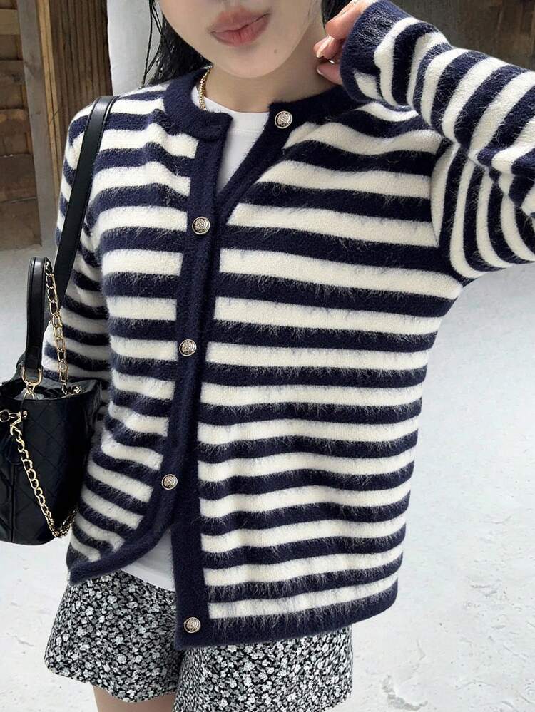 Women's Casual Striped Button-Up Long Sleeve Cardigan, Autumn/Winter