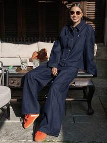 DAZY 女士休闲纽扣牛仔套装 - 藍色 - 查看 5