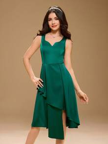 Elegant Prom Dress For Teen Girl, Flower Girl Dress For Weddings, Graduation, Halloween, Christmas, Green Satin Deep V Spaghetti Strap Maxi Dress For Big Girls, Asymmetric Hem Puffy Princess Dress For School Return - Green - View 1