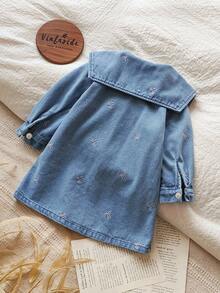 SHEIN Vintaside Kids 女婴粉色蝴蝶结印花翻领牛仔长袖开襟连衣裙，适合日常外出、派对和聚会，春秋季 - 藍色 - 查看 2