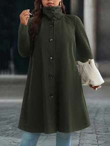EMERY ROSE Plus Size Casual Solid Color Raglan Sleeve Overcoat, Autumn/Winter - Army Green - View 1