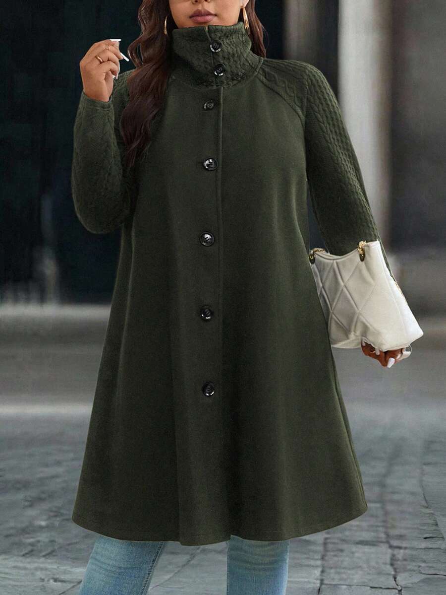 EMERY ROSE Plus Size Casual Solid Color Raglan Sleeve Overcoat, Autumn/Winter - Army Green - View 1
