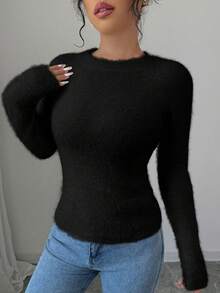 SHEIN Raffinéa Casual Solid Color Slim Fit Crew Neck Sweater, Autumn/Winter - Black - View 6
