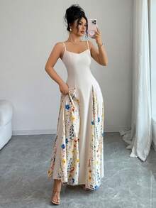 SHEIN Elenzya Spring/Summer New Elegant Women's Apricot Long Floral Print Spaghetti Strap Maxi Dress, Casual Vacation Beach Swing Dress, Solid Color Floral Patchwork, Suitable For Valentine's Day, Dates, Gatherings, Parties