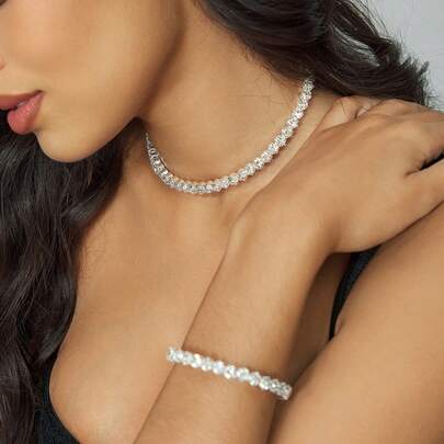CUCCOO SZL Klasyczny zestaw biżuterii z kryształami górskimi: naszyjnik z kołnierzem z kryształów górskich, bransoletka, kolczyki i naszyjnik typu choker. Zestaw 3 sztuk.
