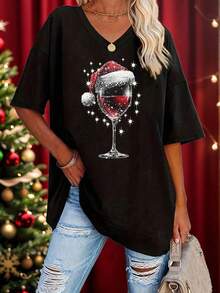 EMERY ROSE 圣诞快乐酒杯印花V领短袖T恤，女士休闲上衣，春夏款 - 黑色 - 查看 1