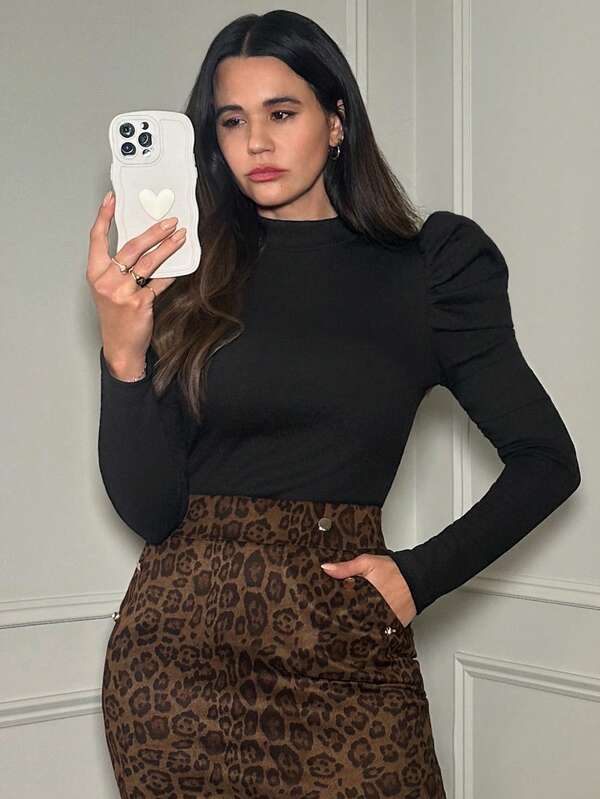 SHEIN Clasi Mock-Neck Gigot Sleeve Top Black Top