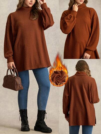 Zelara 秋季大码柔软纹理纯色高领落肩长袖T恤