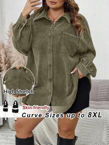 SHEIN CURVE+ 大码女式落肩长袖牛仔印花单排扣休闲口袋夹克 - 軍綠色 - 查看 1