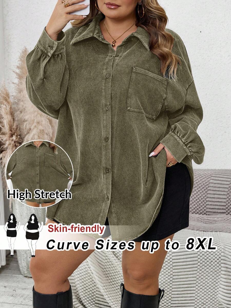 SHEIN CURVE+ 大码女式落肩长袖牛仔印花单排扣休闲口袋夹克 - 軍綠色 - 查看 1
