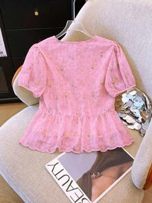 Franclia 女式法式刺绣V领短袖衬衫 - 粉色 - 查看 2