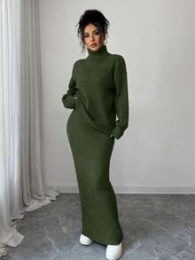 Elenzga 2pcs Women Classic Ribbed Texture Casual Knit Sweater Set, Autumn/Winter - Army Green - View 3