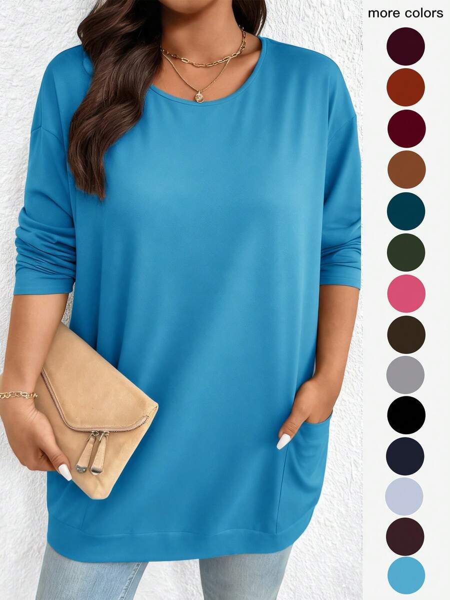 EMERY ROSE Camiseta de manga larga de cuello redondo minimalista de unicolor para mujer de talla grande - Azul menta - Ver 1
