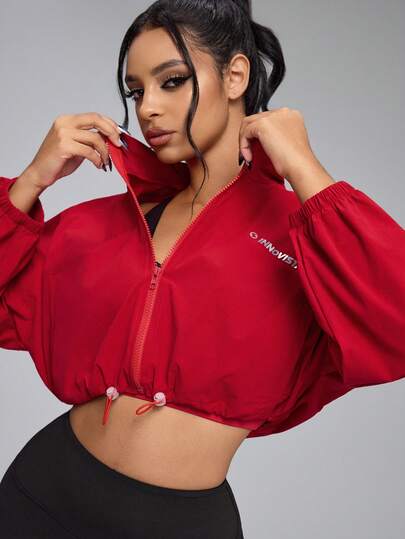 Innovista Chaqueta deportiva corta con cremallera y estampado de letras de manga larga para mujer