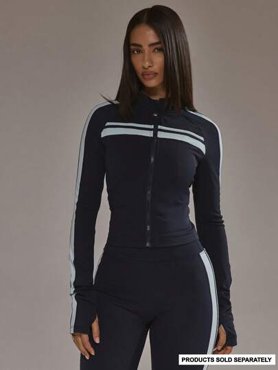 Musera Sport Chaqueta con cremallera y detalles de rayas que esculpe la silueta, solo para pádel, otoño e invierno, ropa deportiva, gimnasio, entrenamiento