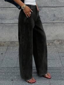 DAZY Loose Fit Vintage Washed Wide Leg Casual Jeans, American Workwear Style - Black - View 5