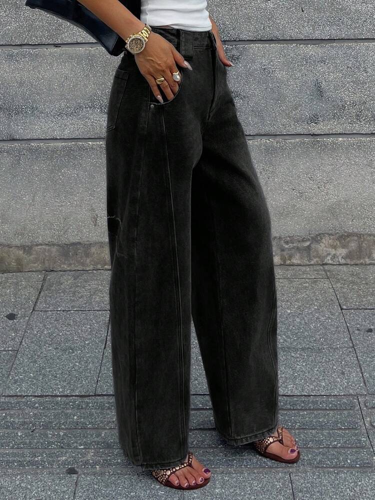 Loose Fit Vintage Washed Wide Leg Casual Jeans, American Workwear Style
