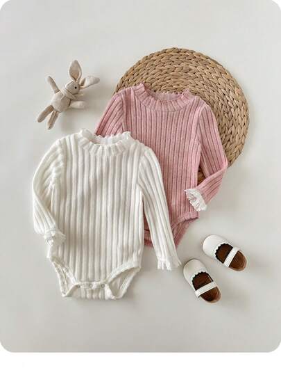 SHEIN Cute Casual Knit Patchwork Polka Dot Cartoon Romper For Baby Girl