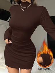 SHEIN EZwear Brown Knitted Elastic Thickened Basic Fitted Women Dress, Autumn/Winter Brown Bodycon Dress