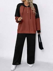2pcs/Set Casual Comfortable Contrast Color Hoodie Outfit For Women - Multicolor - View 3