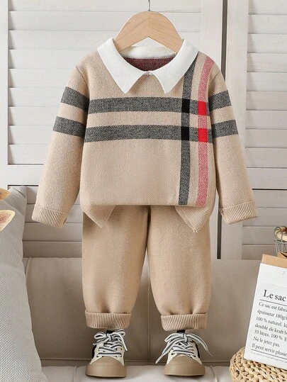 Souflis Souflis Stickad tröja för babypojke med Peter Pan-krage och långärmad rutig