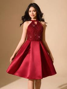 Robe élégante et luxueuse en sequins rouge vin sans manches avec volants froncés et coupe slim pour adolescentes