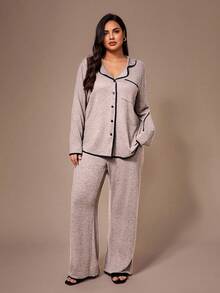 Lazeform 大码柔软针织花卉网纱撞色法式休闲上衣，带纽扣，家居服/睡衣套装，秋冬服装 - 淺粉色 - 查看 4