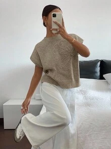 Siren Gaze Áo len dệt kim dáng rộng tay cánh dơi họa tiết hoa dành cho nữ, mùa thu - Lạc đà - Xem 3