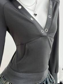 SHEIN Unity 女士灰色卫衣，金属扣装饰，深V领，休闲通勤款，秋冬季 - 深灰色 - 查看 4