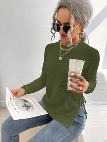 SHEIN LUNE Solid Color Round Neck Twist Front Split Hem Casual Long Sleeve Pullover Sweater - Army Green - View 4