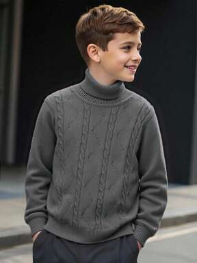 SHEIN كنزة صوفية صوفية طويلة الأكمام ذات ياقة عالية مريحة وعملية للأولاد المراهقين للاستخدام اليومي