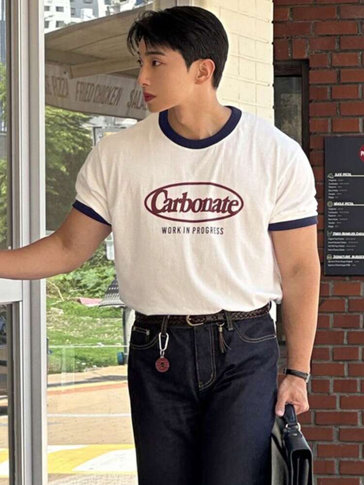 Men's Letter Print Color Block Short Sleeve T-Shirt, Summer