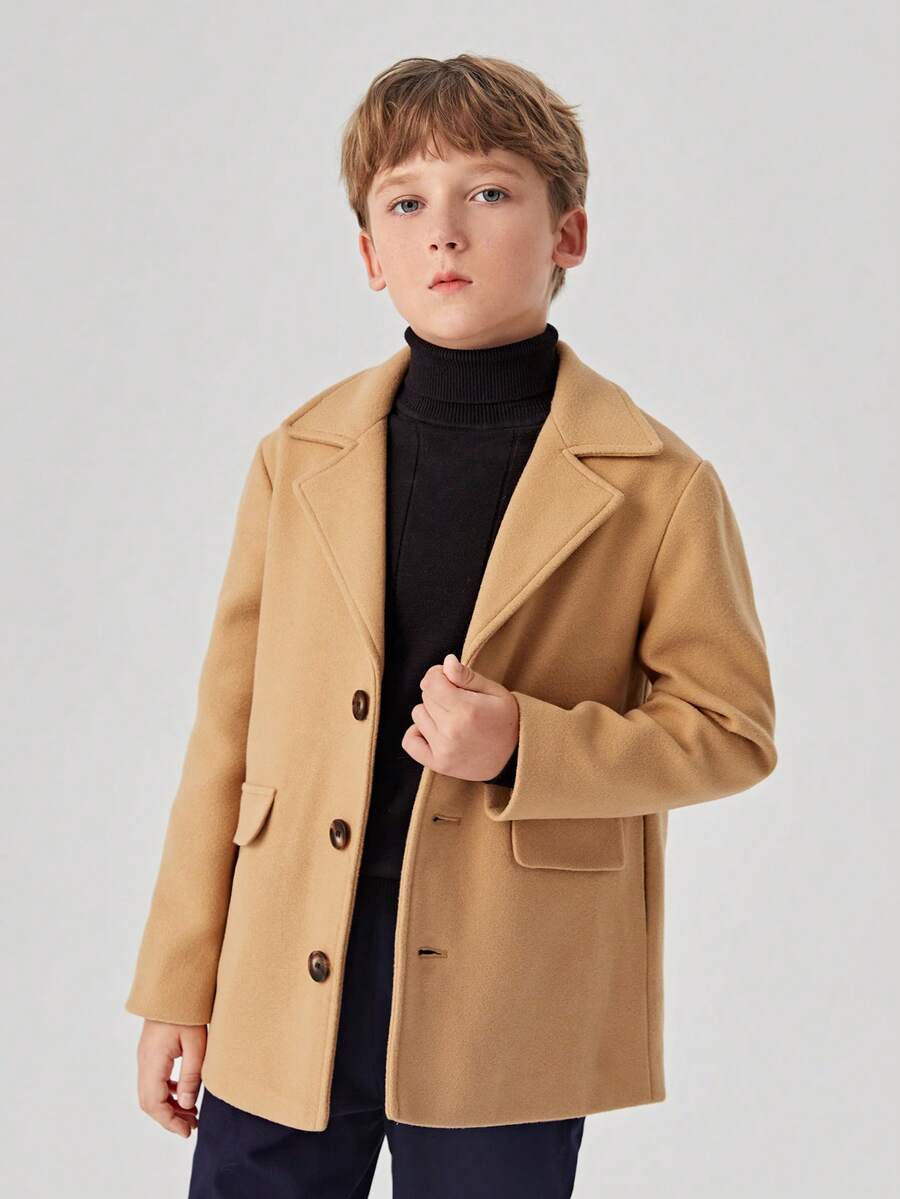 SHEIN Boys' Solid Color Casual Long Sleeve Jacket - Brown - View 1