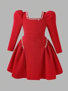 Elladie kids Girls Red Textured Knit Crew Neck Beaded Ruffle Hem Dress With Puff Sleeves, Fashionable And Elegant For Everyday, Gatherings And Parties - Red - View 5