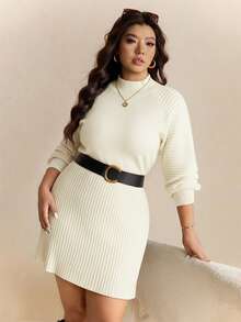 Elaquor Plus Size Crew Neck Raglan Sleeve Casual Versatile Comfortable Knit Sweater Dress/Winter - Apricot - View 5