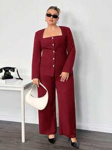 Truni Plus Size Women's Square Neck Long Sleeve Blazer Jacket, Cinched Waist Metal Button Detail Blazer In Fall/Winter, For Pear Triangle Body Shape - Burgundy - View 6